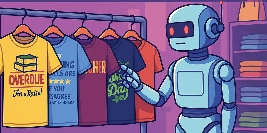 AI robot browsing a clothing rack of funny teacher t-shirts in a retail store setting; vibrant and playful digital illustration in landscape orientation