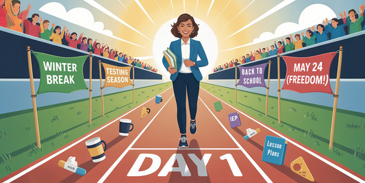 Cartoon of a confident teacher stepping onto a racetrack labeled “Day 1,” surrounded by obstacles like coffee cups, lesson plans, tissues, and an IEP folder.