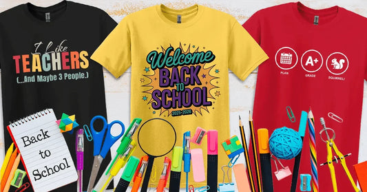 Colorful Back-to-School 2025 teacher T-shirts with school supplies – featuring "Welcome Back to School," "I Like Teachers (And Maybe 3 People)," and "Plan. Grade. Squirrel!" designs.