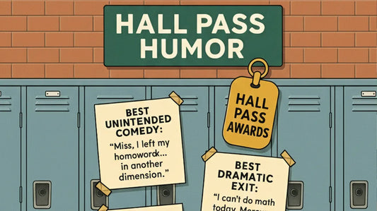 A playful, poster-style illustration of a school hallway with blue lockers and a big green sign reading “Hall Pass Humor.” Four taped-up papers display mock “award certificates” with student quotes.