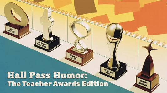 A wide trophy case in a school hallway displays five humorous awards for teachers.