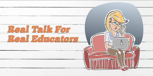 Cartoon-style image of a blonde teacher sitting on a red couch with a laptop, looking thoughtful. To the left, bold orange text reads "Real Talk For Real Educators" against a white shiplap background.