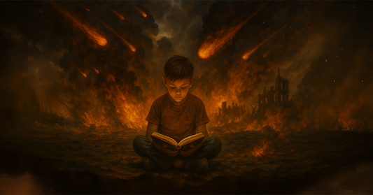 A young boy sits cross-legged on scorched ground, calmly reading a glowing book as fiery meteors rain down and buildings burn in the background — a symbol of focus, resilience, and the enduring power of learning amid chaos.