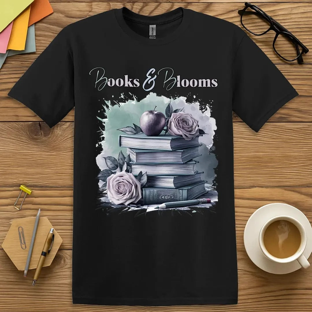Black T-shirt with “Books & Blooms” design featuring a bold, elegant take on the floral book aesthetic — perfect for after-school wine club