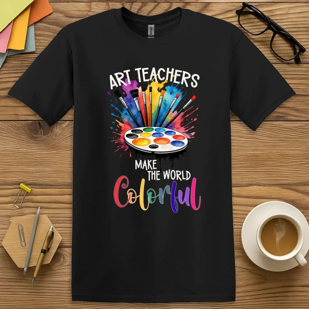 Black Color T-shirt with "Art Teachers Make the World Colorful" design offering bold contrast and expressive teacher style.