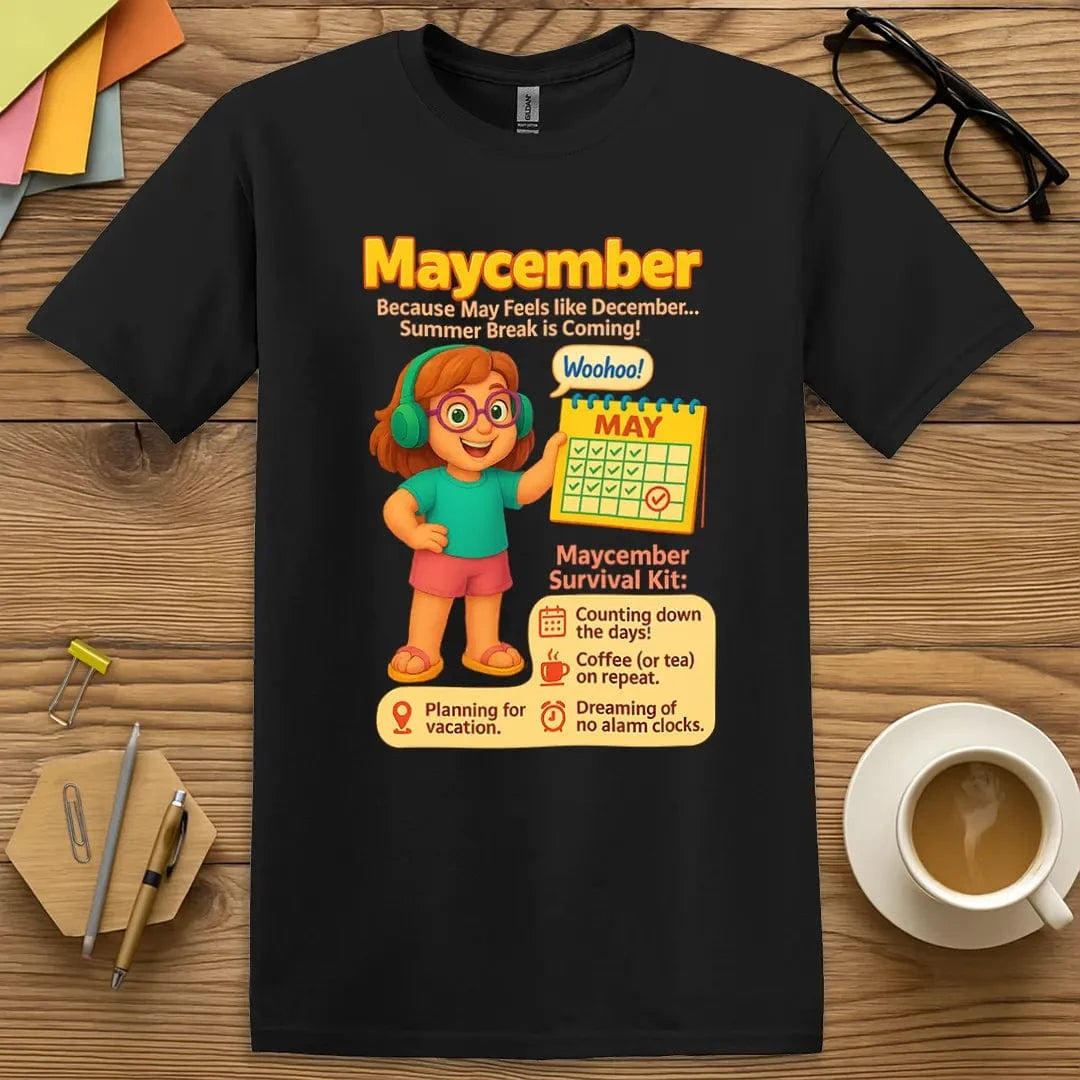 Black Color T-shirt with "Maycember Survival Kit" design offering sleek contrast and chaotic May classroom vibes.