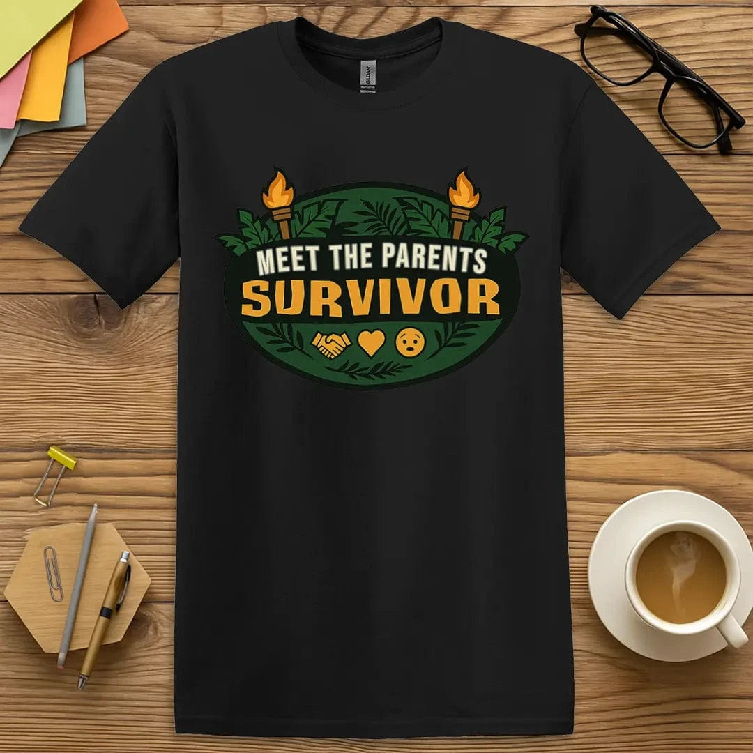 Black T-shirt with “Meet The Parents” design, sleek and witty choice for confident parent-teacher connection