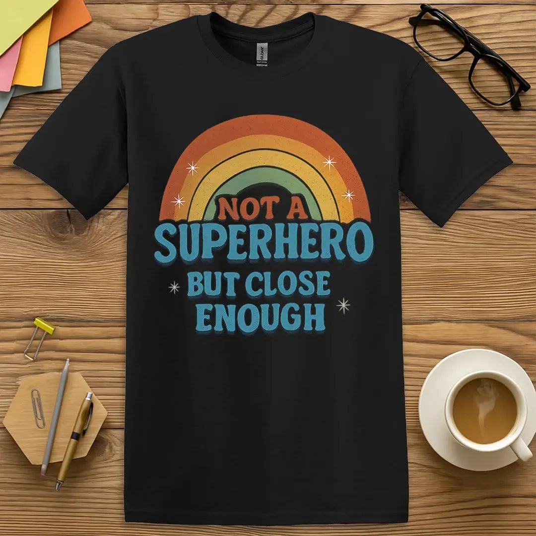 Black Color T-shirt with "Not a Superhero But Close Enough" design emphasizing bold rainbow graphic and hero-level sarcasm.