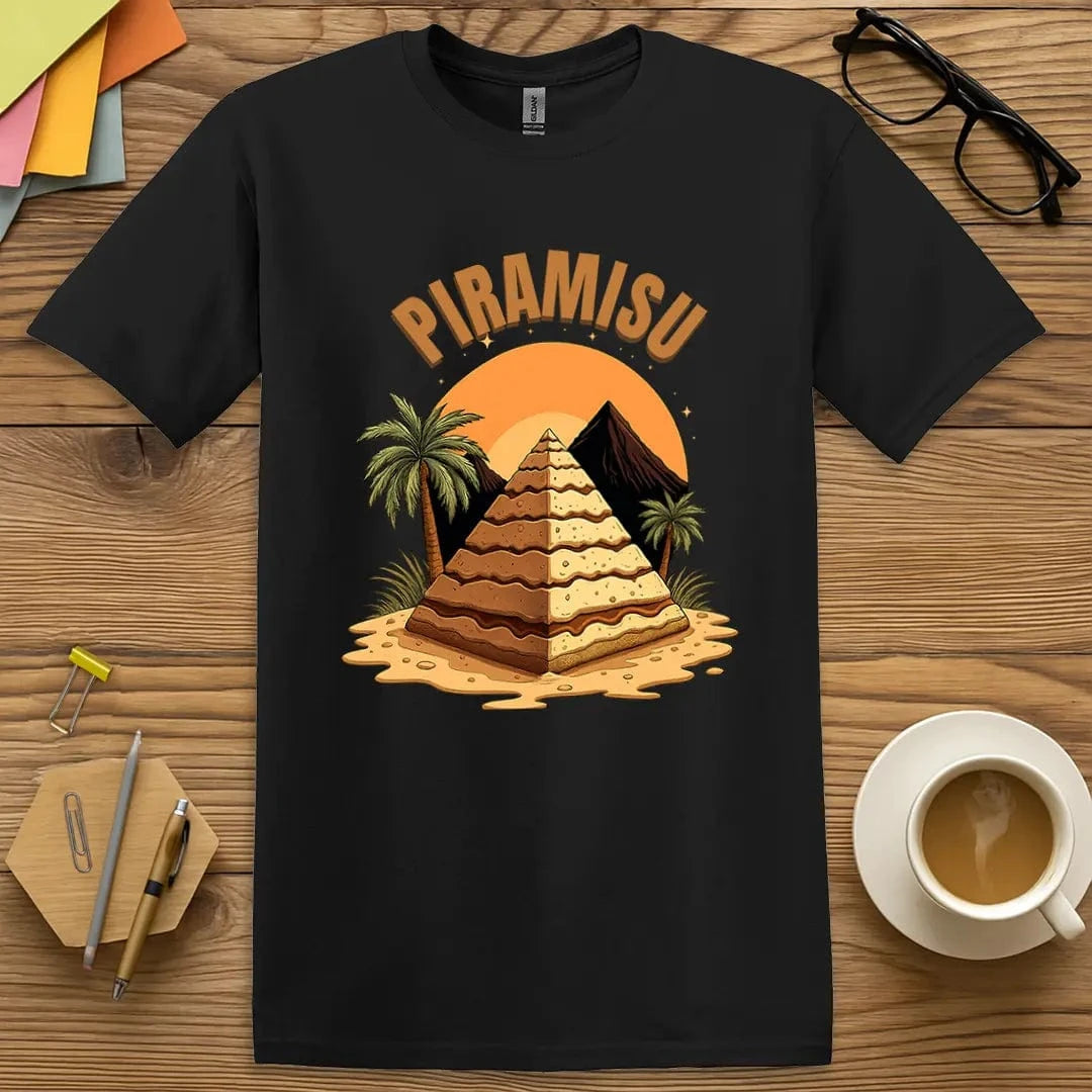 Black T-shirt with “Piramisu” design featuring bold, clever classroom crossovers from Home Ec to Ancient Egypt