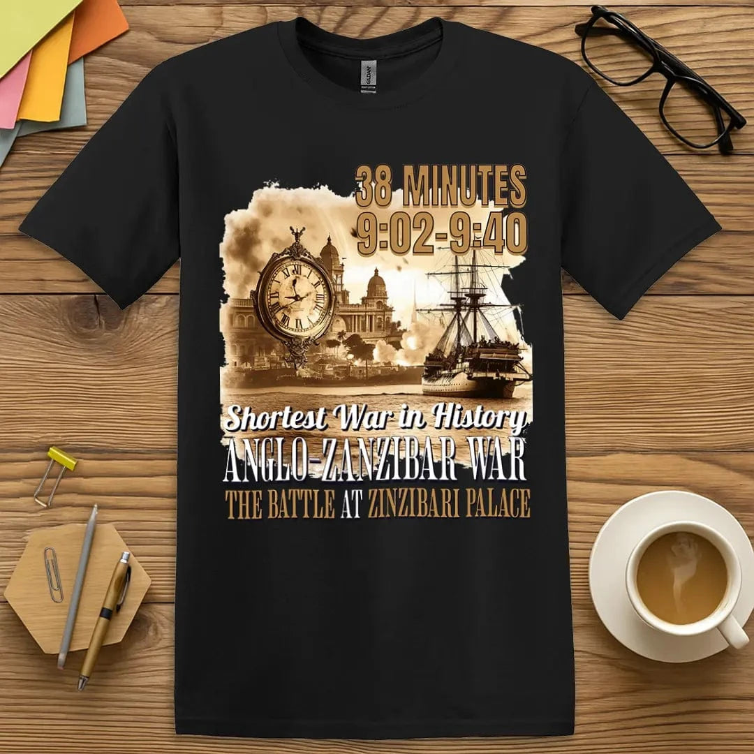 Black Color T-shirt with "Shortest War in History" Anglo-Zanzibar design providing high contrast and sharp historical visuals.