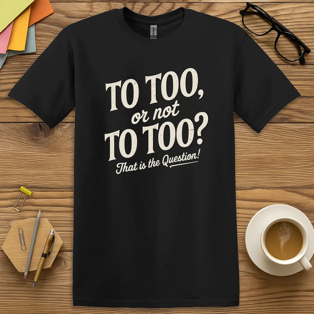Black Color T-shirt with "To Too, or not To Too? That is the Question!" design mixing dark academic style and witty educator humor.