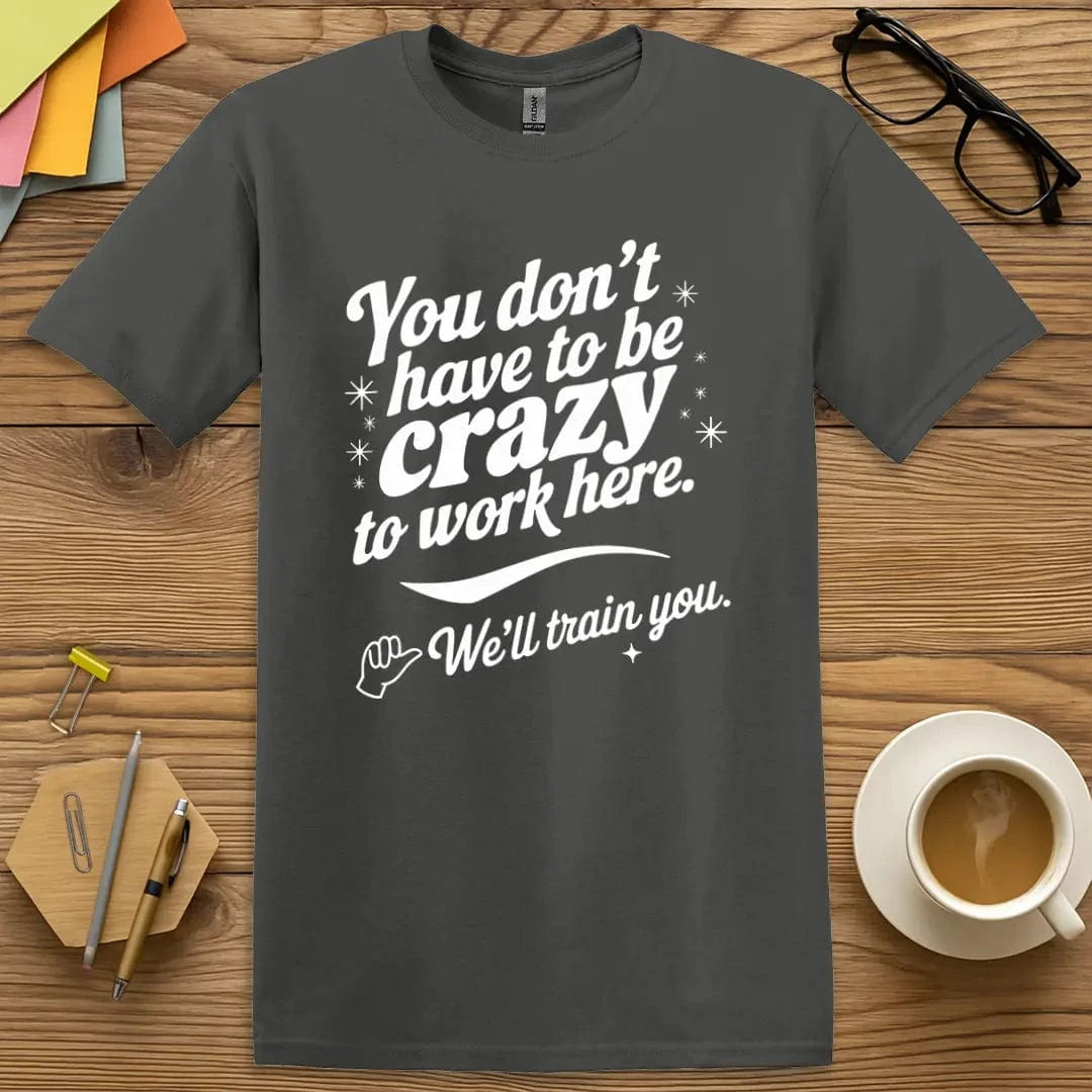 Charcoal T-shirt with "You Don’t Have to Be Crazy… We’ll Train You" design in bold retro font and teacher humor style.