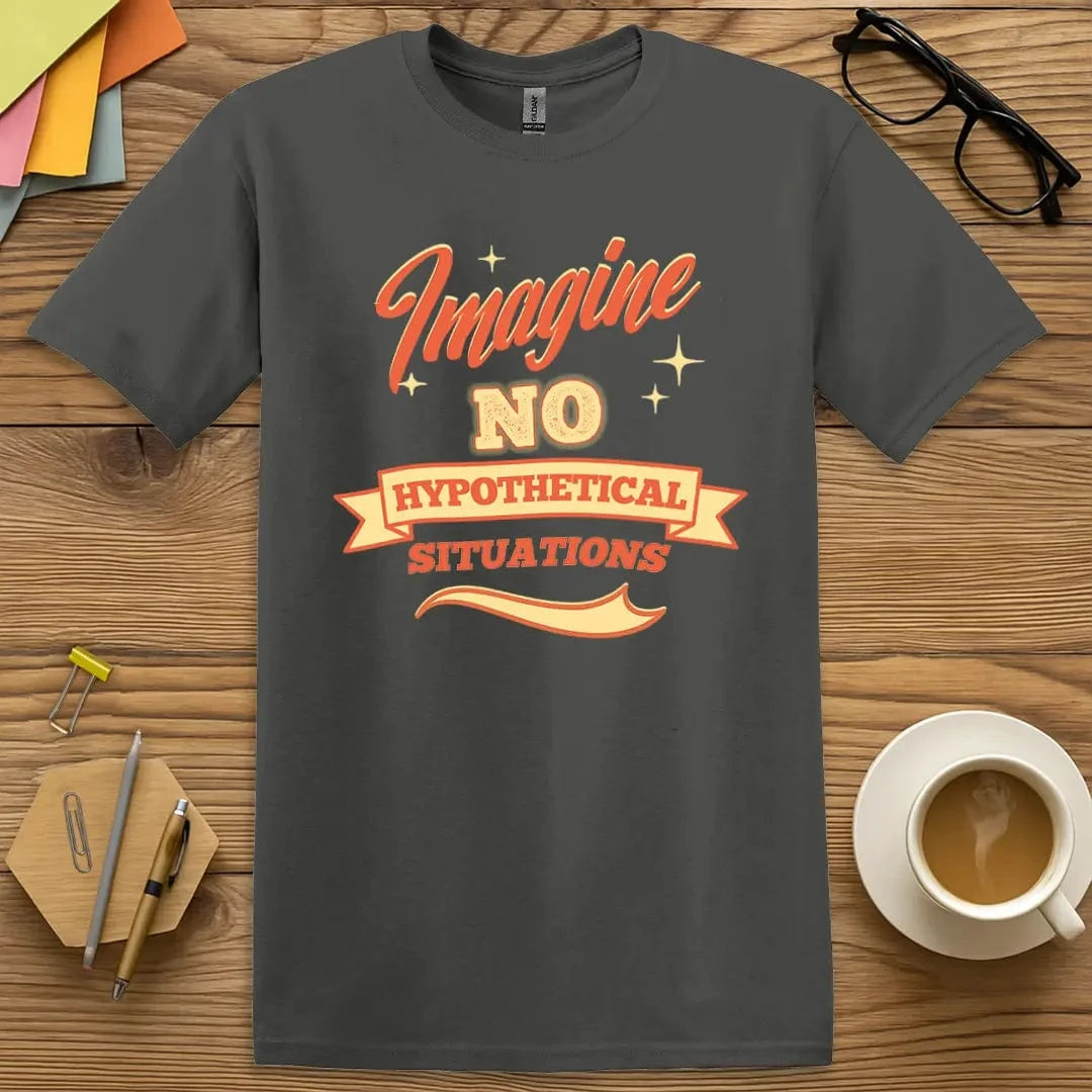 Charcoal T-shirt with “Imagine No Hypothetical Situations” design featuring witty educator style