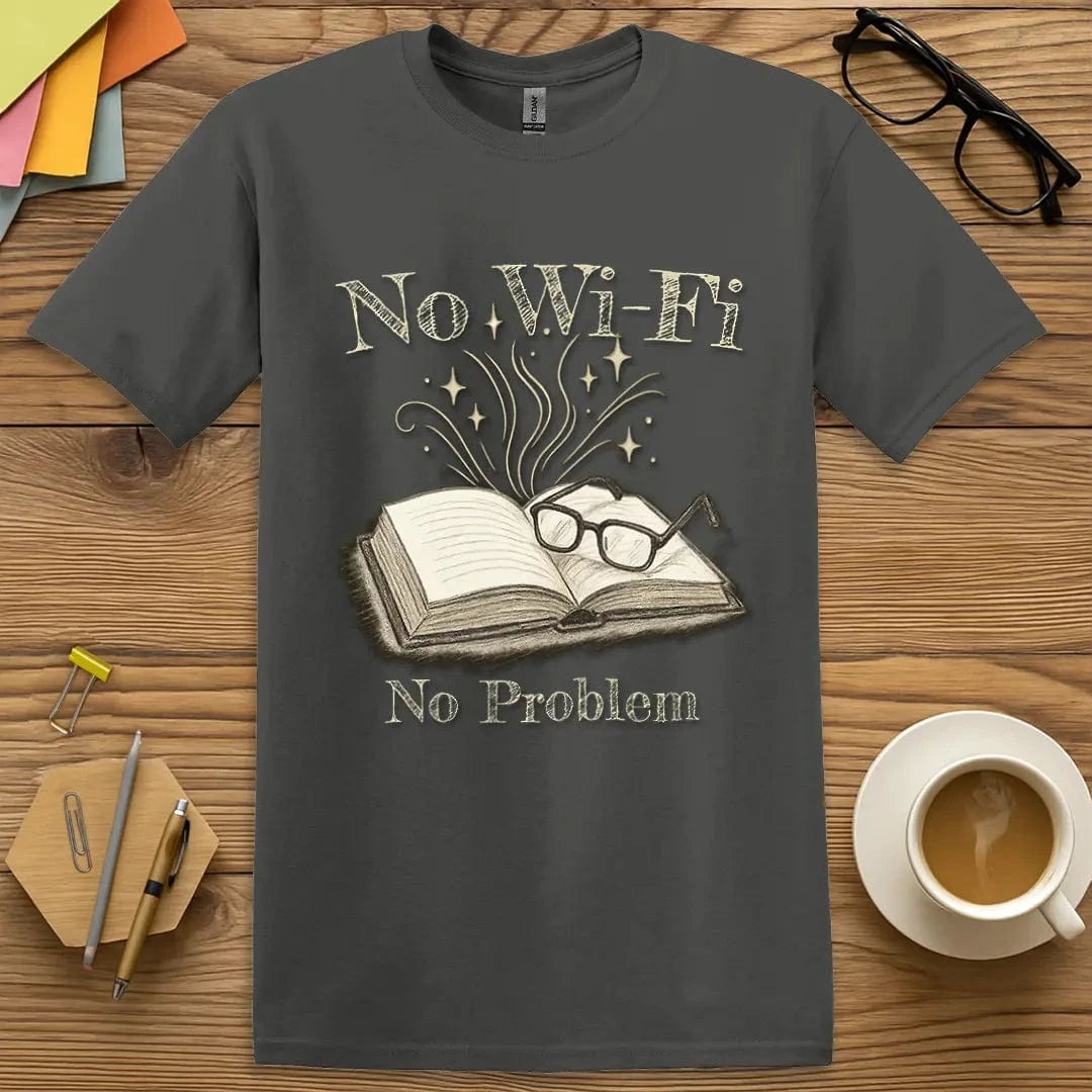 Charcoal T-shirt with "No Wi-Fi No Problem" design blending cozy tone with unplugged reading magic.