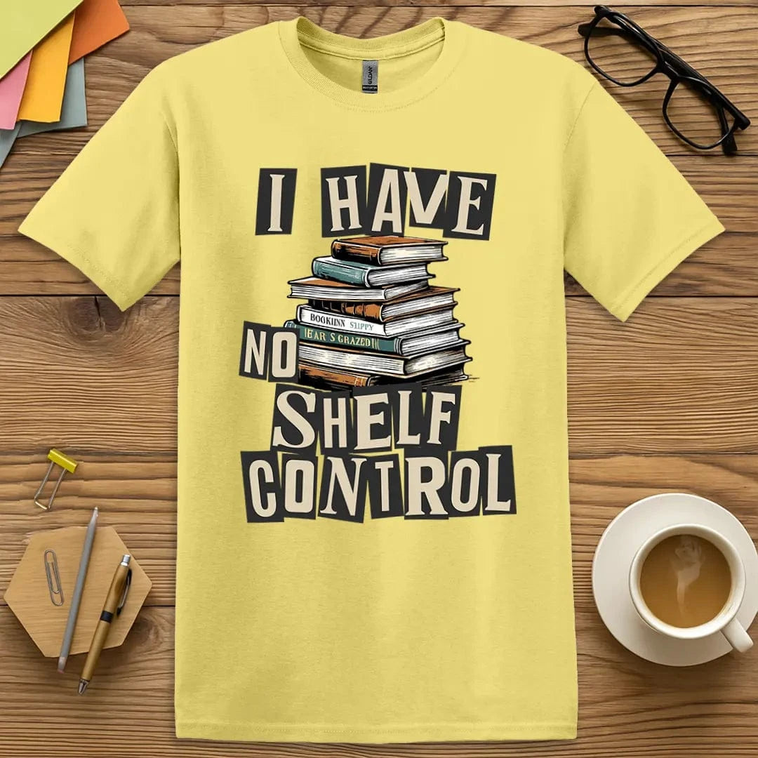 Cornsilk Color T-shirt with "No Shelf Control" design featuring warm palette and librarian-approved humor.