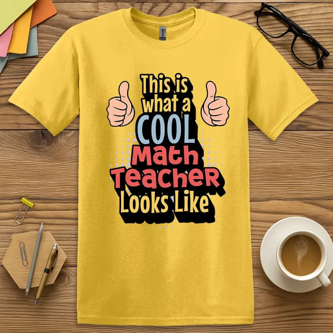 Daisy T-shirt with “This Is What A Cool Math Teacher Looks Like” design featuring bright, math-powered optimism