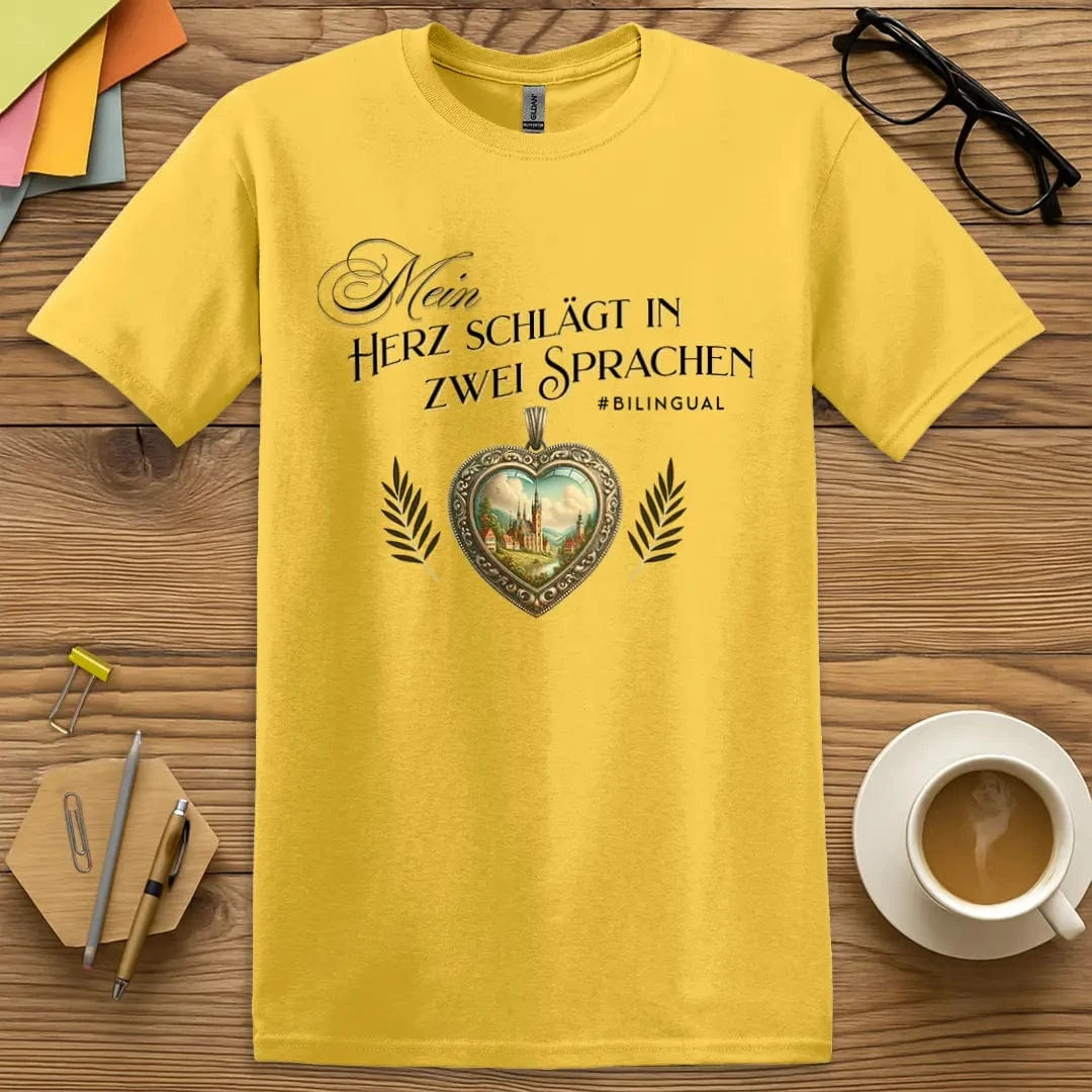 Daisy T-shirt with “Mein Herz schlägt in zwei Sprachen” design featuring ornate heart and countryside for bilingual German language lovers