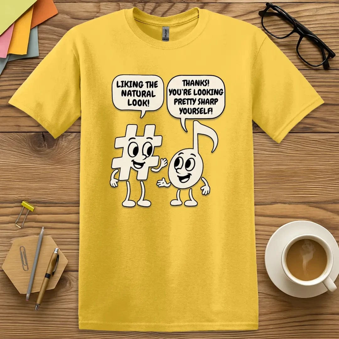 Daisy T-shirt with “Pretty Sharp” design featuring music pun humor and classroom energy