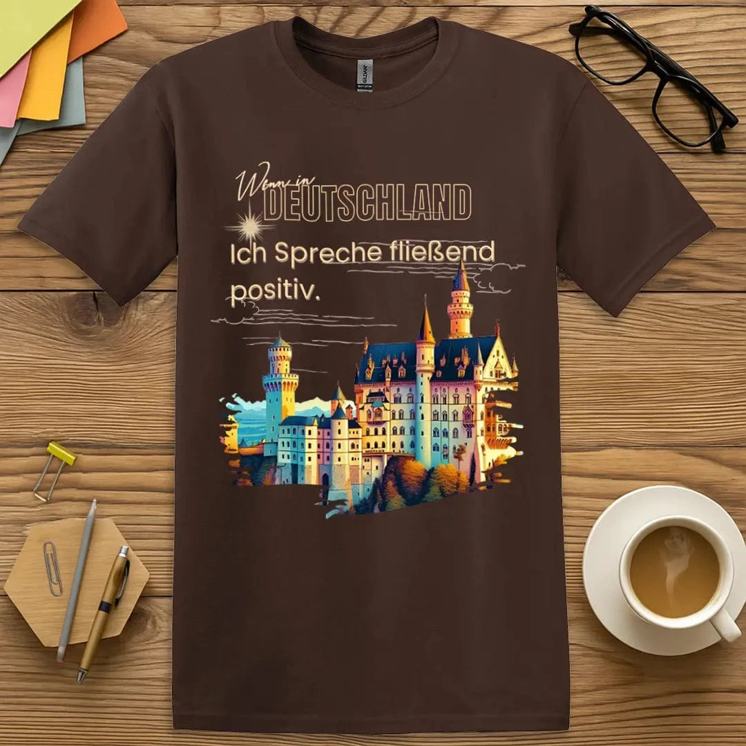 Dark Chocolate T-shirt with “Ich spreche fließend positiv” design featuring a rich tone and clever foreign language pun