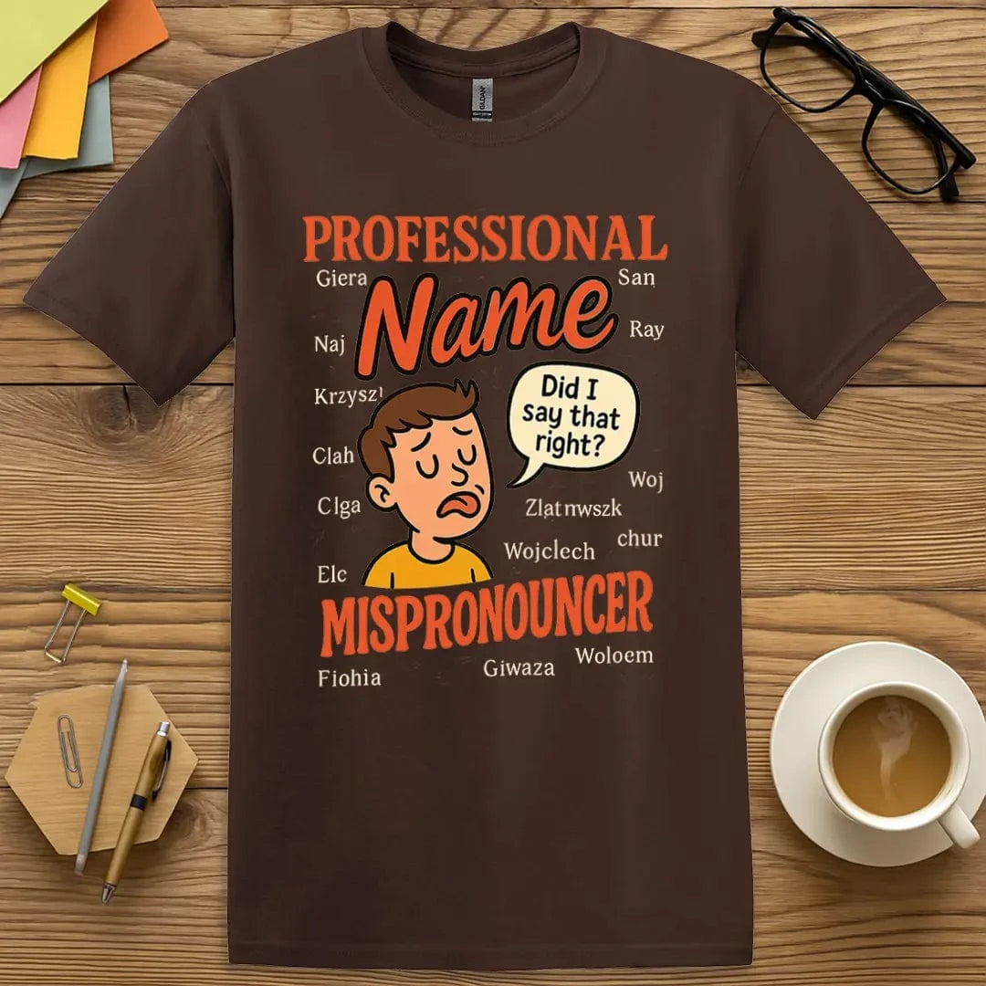 Dark Chocolate Color T-shirt with "Professional Name Mispronouncer" design featuring cartoon teacher, speech bubble reading "Did I say that right?", and scattered tricky names.