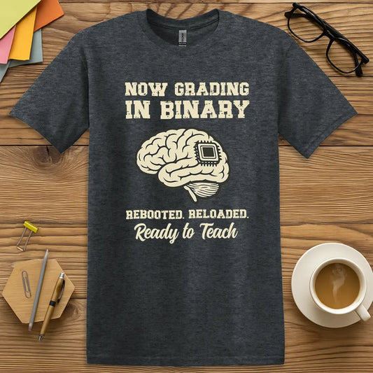 Dark Heather Color T-shirt with "Now Grading in Binary – Rebooted. Reloaded. Ready to Teach" design showcasing tech-ed sarcasm and rebooted teacher pride.