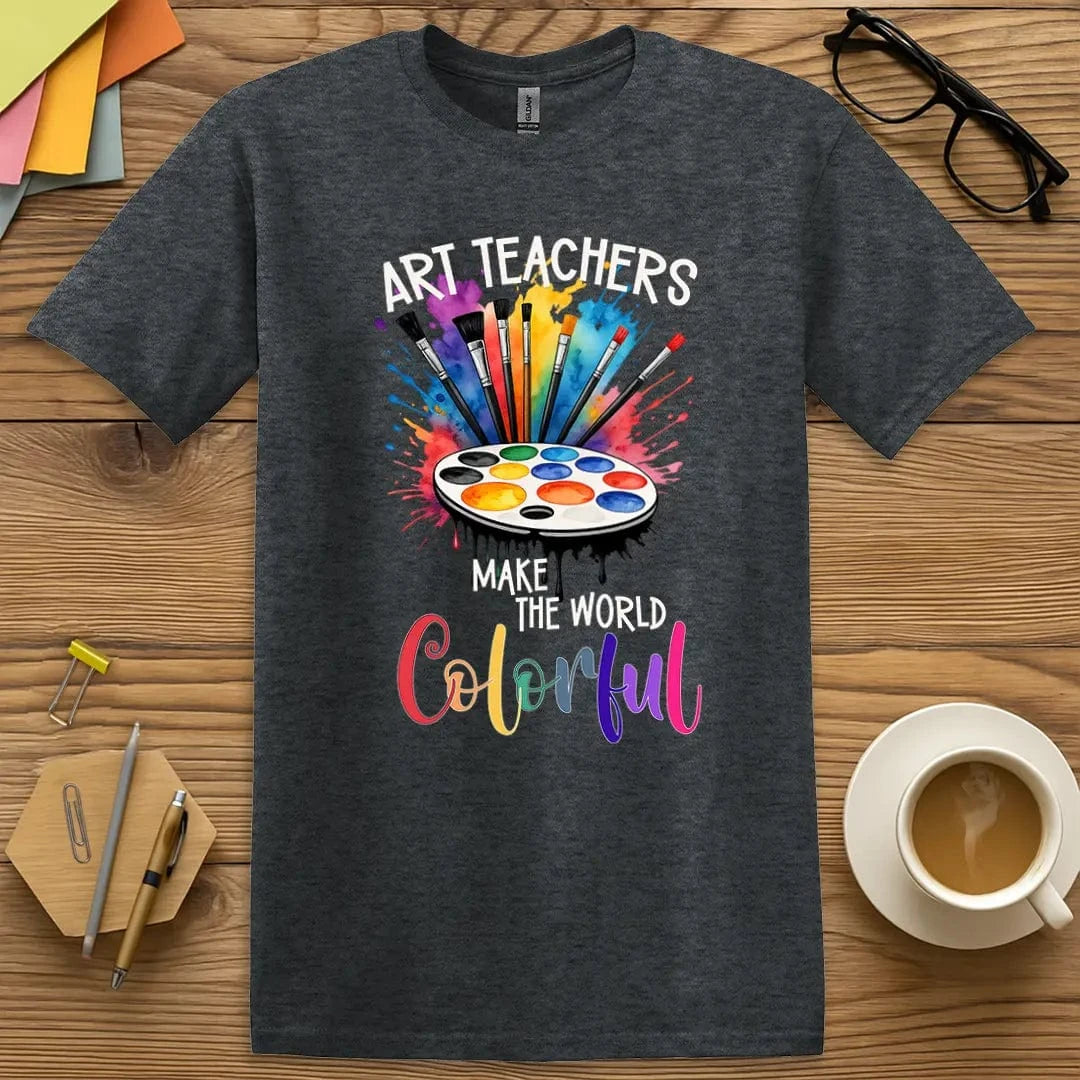 Dark Heather Color T-shirt with "Art Teachers Make the World Colorful" design popping with color and creative classroom flair.