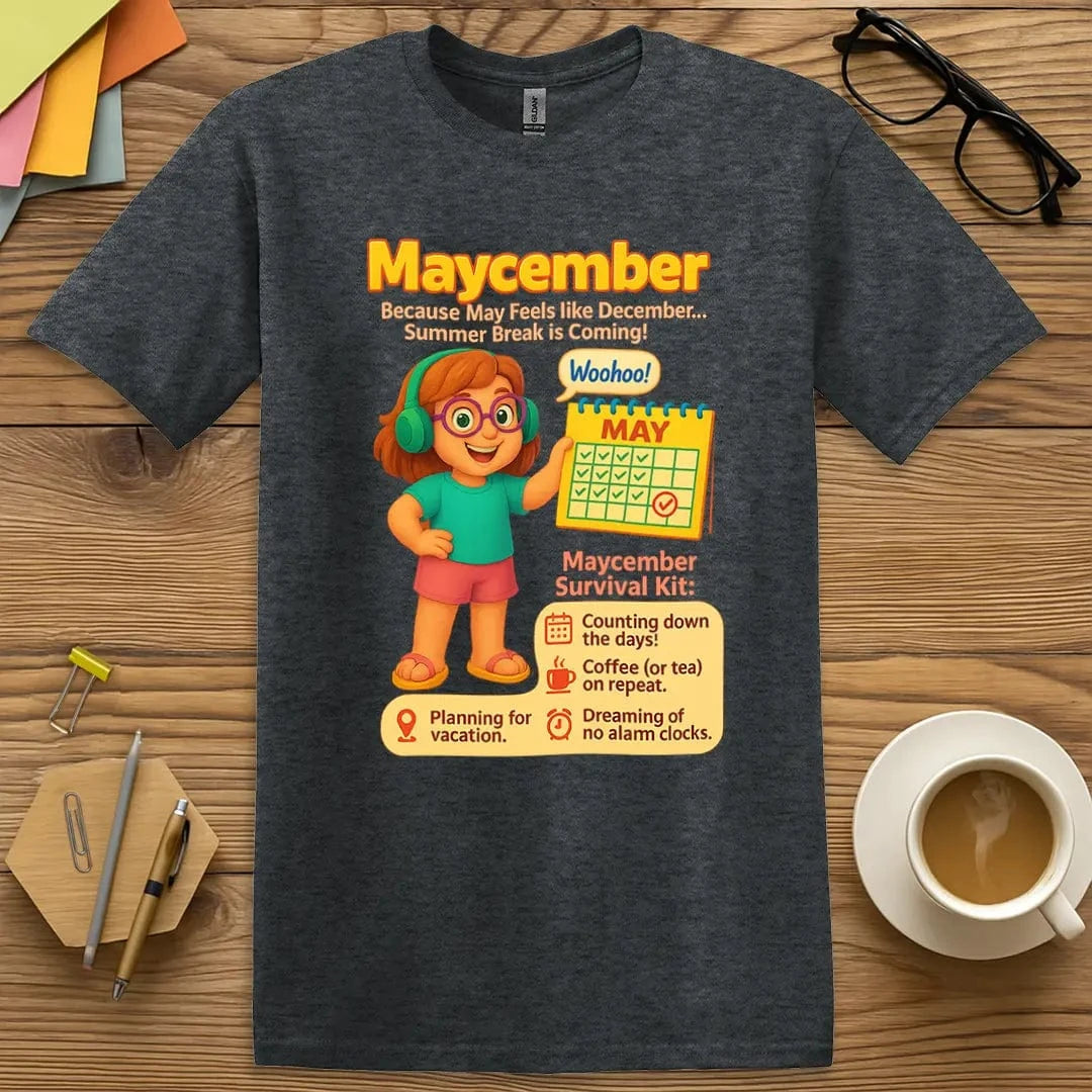 Dark Heather Color T-shirt with "Maycember Survival Kit" design highlighting fun end-of-year graphics and caffeine-fueled sass.