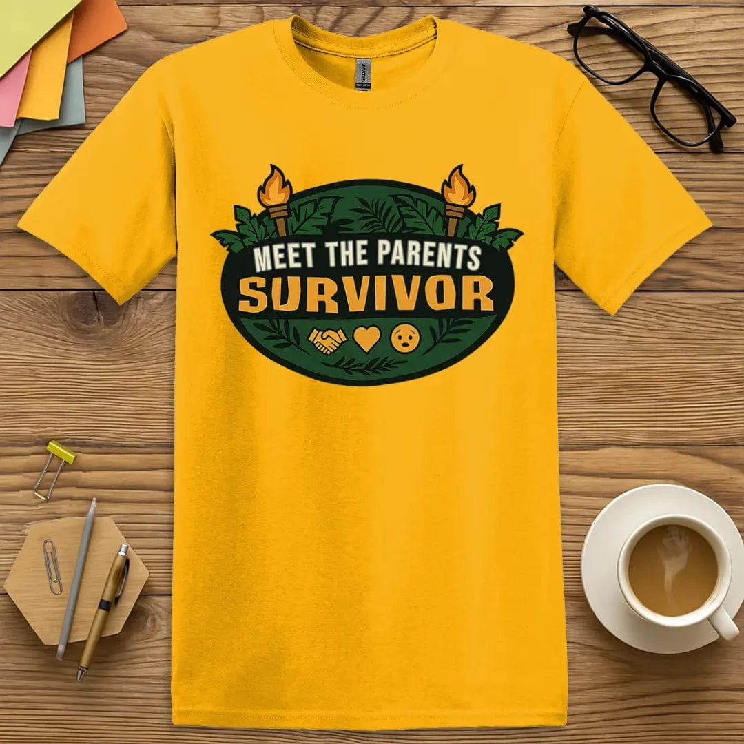 Gold T-shirt with “Meet The Parents” design, bold and bright educator shirt perfect for standing out at family events