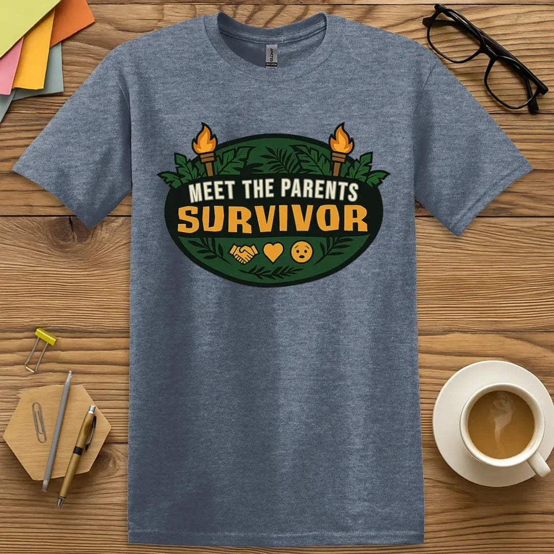 Heather Indigo T-shirt with “Meet The Parents” design, casual cool for approachable educators with a flair for humor