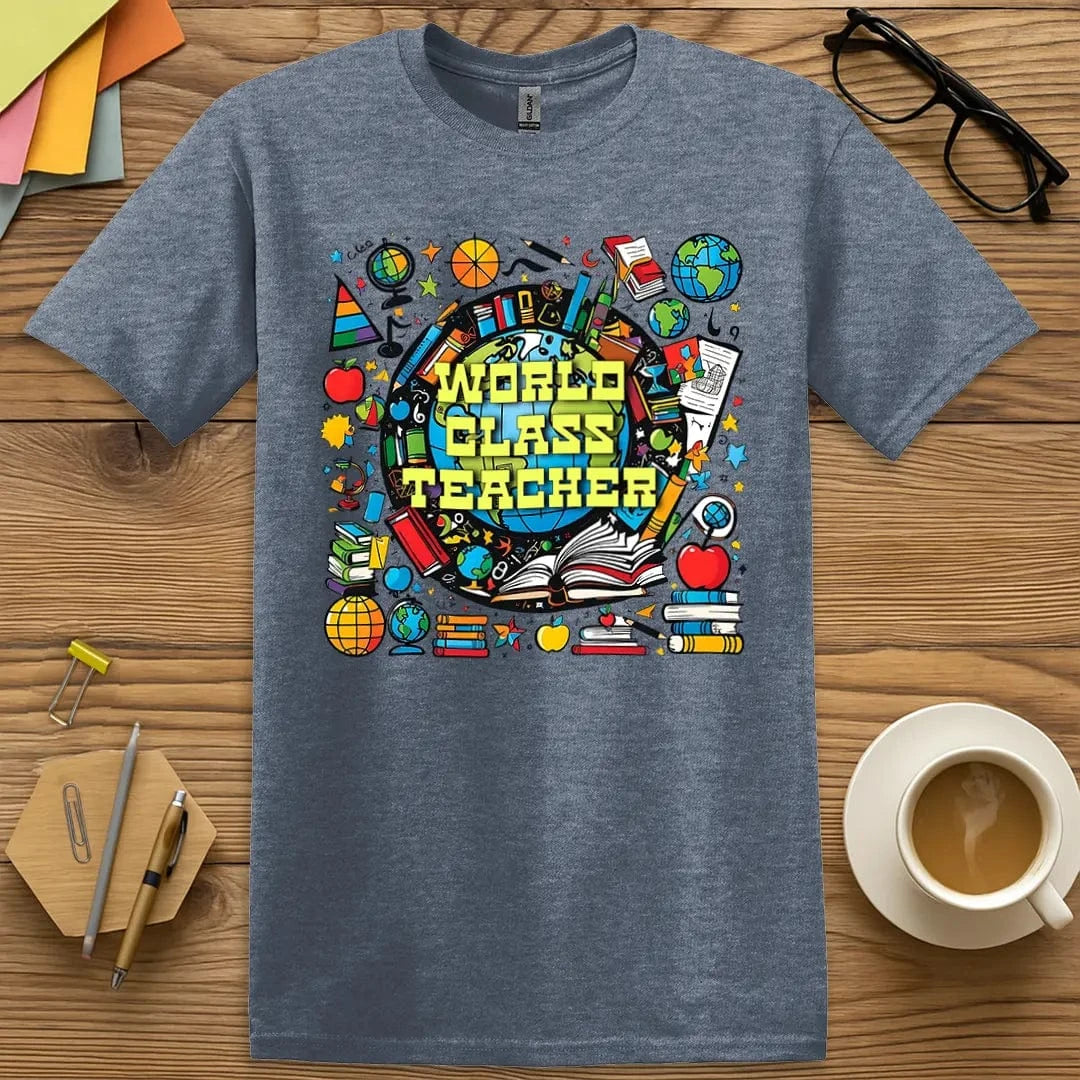 Heather Indigo Color T-Shirt with "World Class Teacher" design featuring confetti-style school symbols and bold educator message.