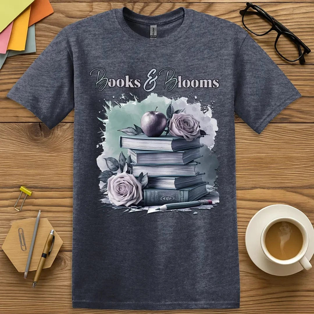Heather Navy T-shirt with "Books & Blooms" design combining deep tones with floral grace and literary beauty.