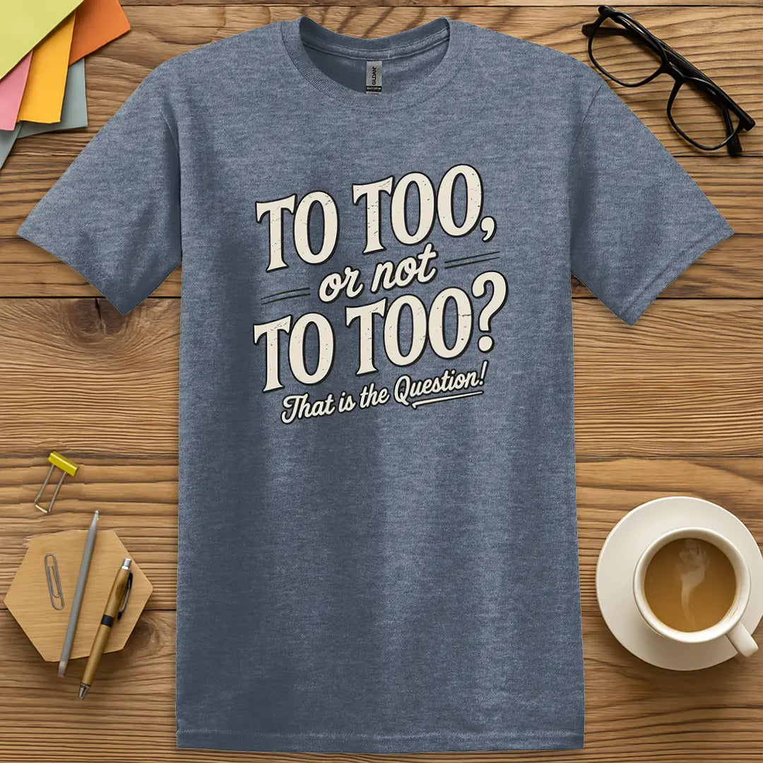Heather Navy Color T-shirt with "To Too, or not To Too? That is the Question!" design featuring classic text and grammatical drama.