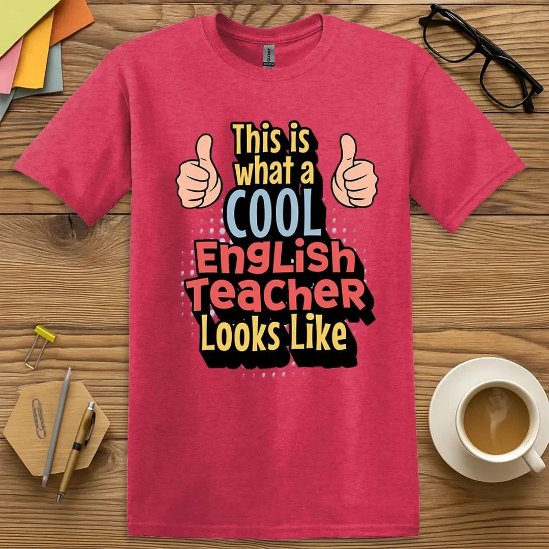 Heather Red Color T-Shirt with "This is what a Cool English Teacher Looks Like" design delivering vibrant punch and grammar-loving flair.