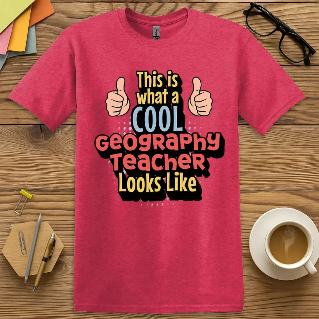 Heather Red Color T-Shirt with "Cool Geography Teacher" design giving off high-energy, world-traveling educator vibes.