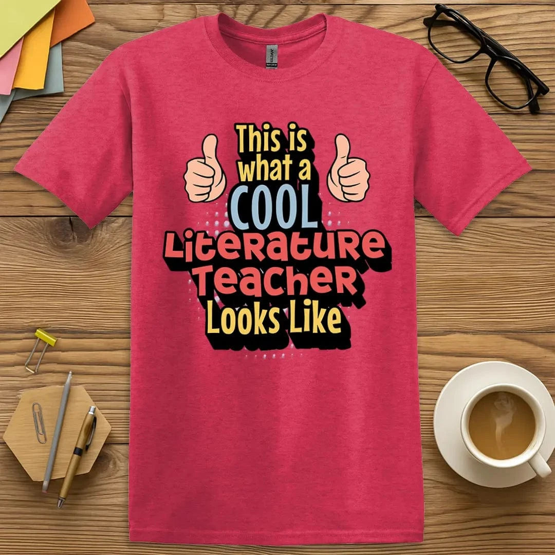 Heather Red Color T-Shirt with "Cool Literature Teacher" design giving off passionate English class vibes.