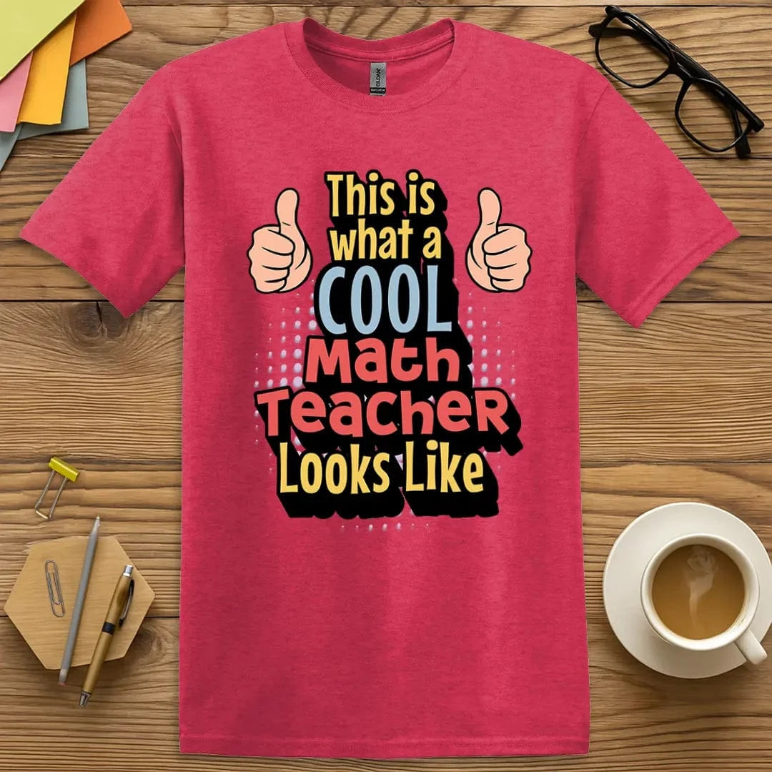 Heather Red T-shirt with “This Is What A Cool Math Teacher Looks Like” design featuring confident classroom energy