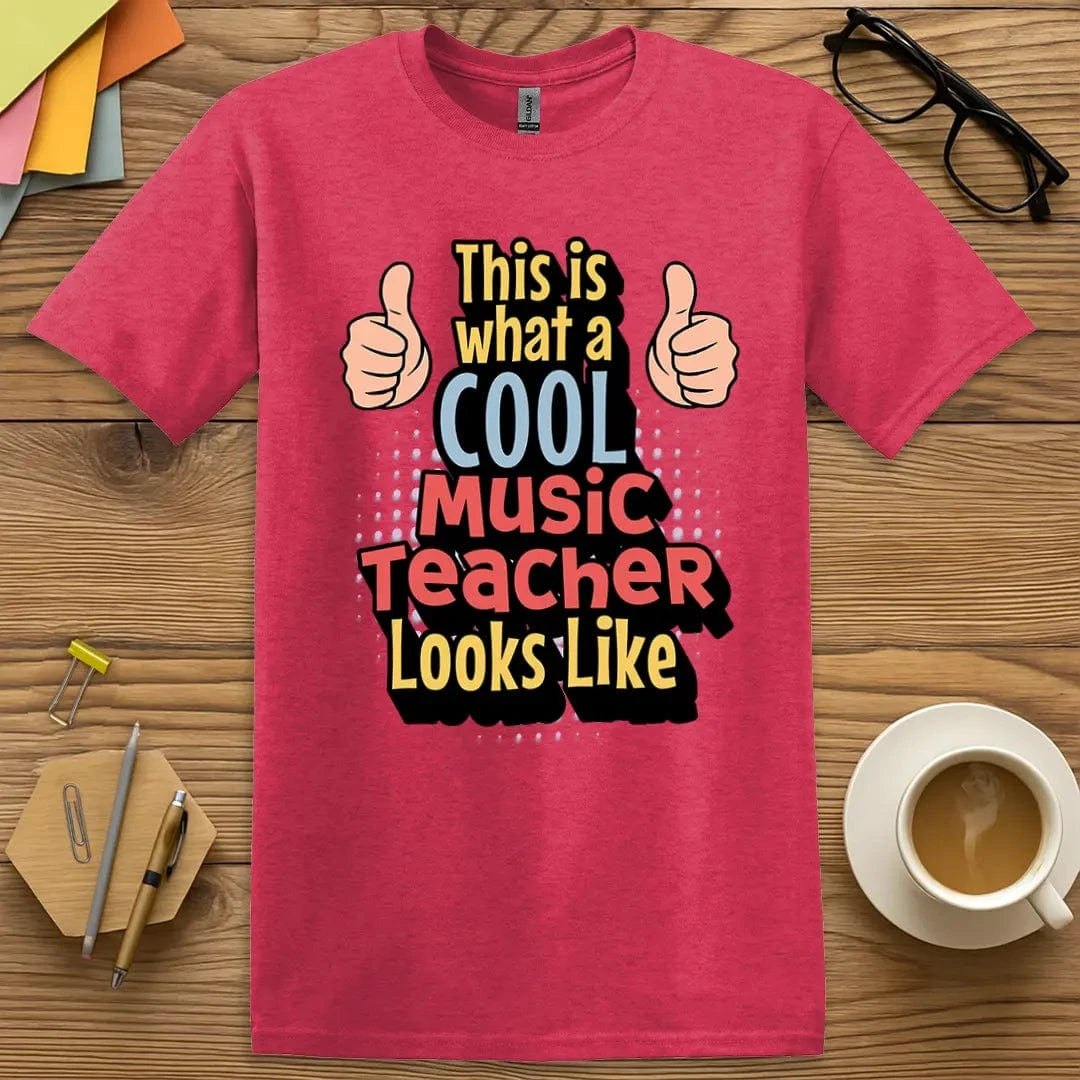 Heather Red Color T-Shirt with "Cool Music Teacher" design bursting with color and concert-ready flair.