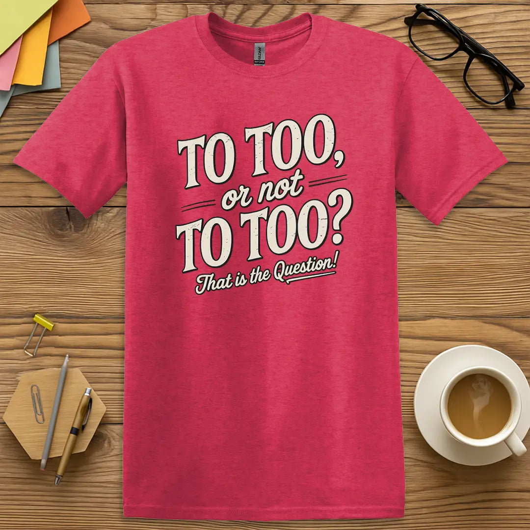 Heather Red Color T-shirt with "To Too, or not To Too? That is the Question!" design adding bold color to English teacher struggles.
