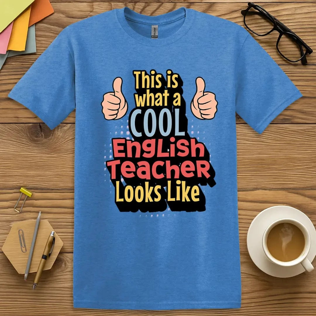 Heather Royal T-shirt with “Cool English Teacher” design featuring double thumbs-up and playful text