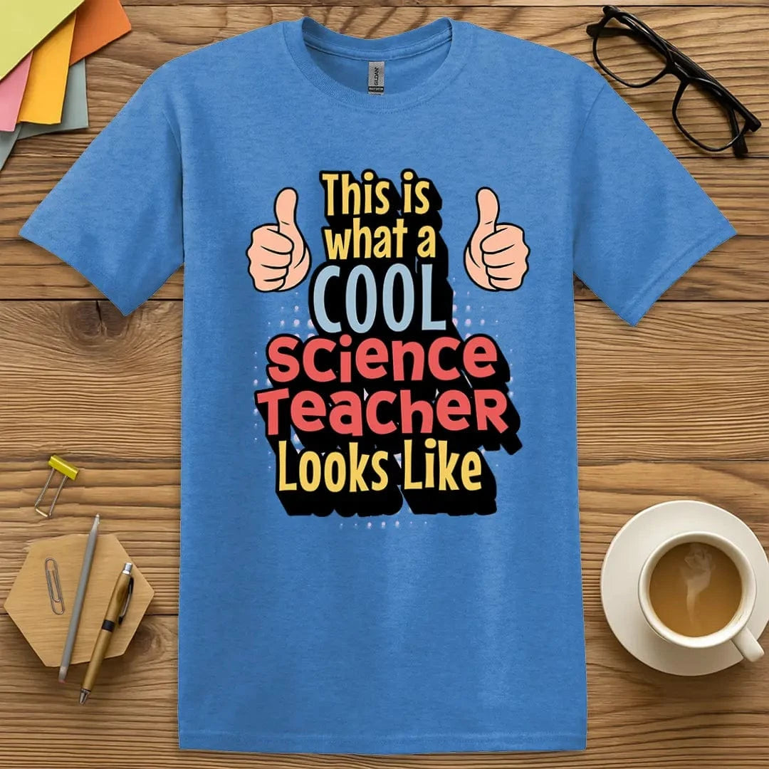 Heather Royal Color T-Shirt with "This Is What a Cool Science Teacher Looks Like" design showing bright colors and STEM pride.