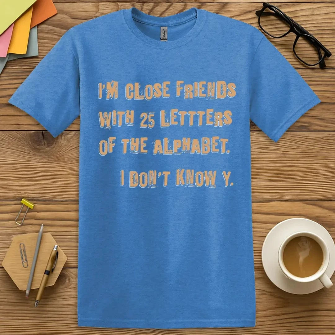 Heather Royal T-shirt with “I Don’t Know Y” design combining bright tone and language arts pun energy.