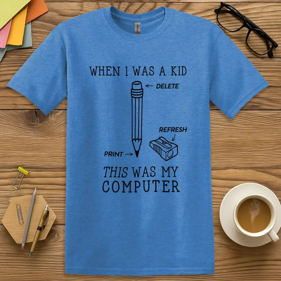 Heather Royal T-shirt with “My Computer” design featuring playful pencil-and-eraser iconography in a bright blue for bold teachers
