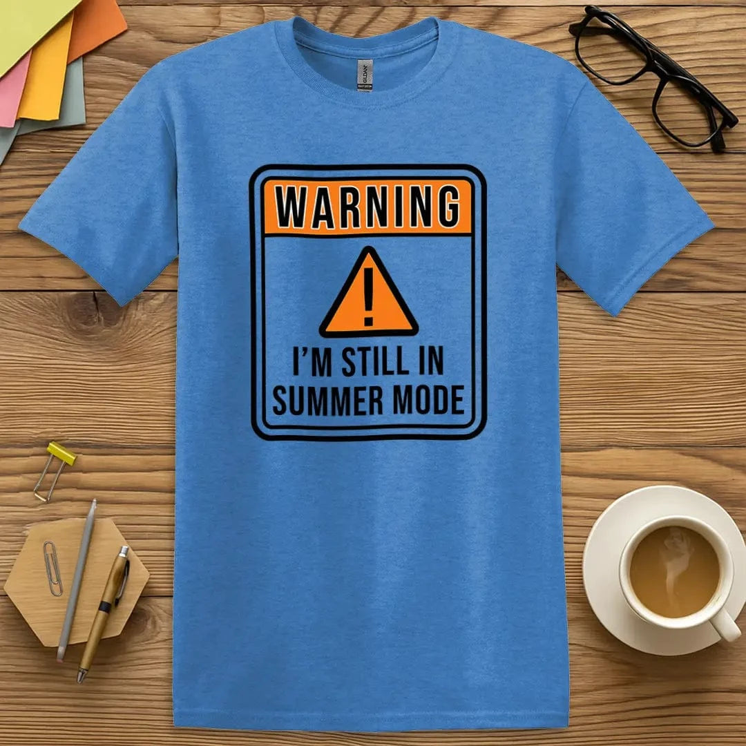 Heather Royal Color T-shirt with "Warning - I'm Still in Summer Mode" design featuring bright orange caution sign and bold lettering.