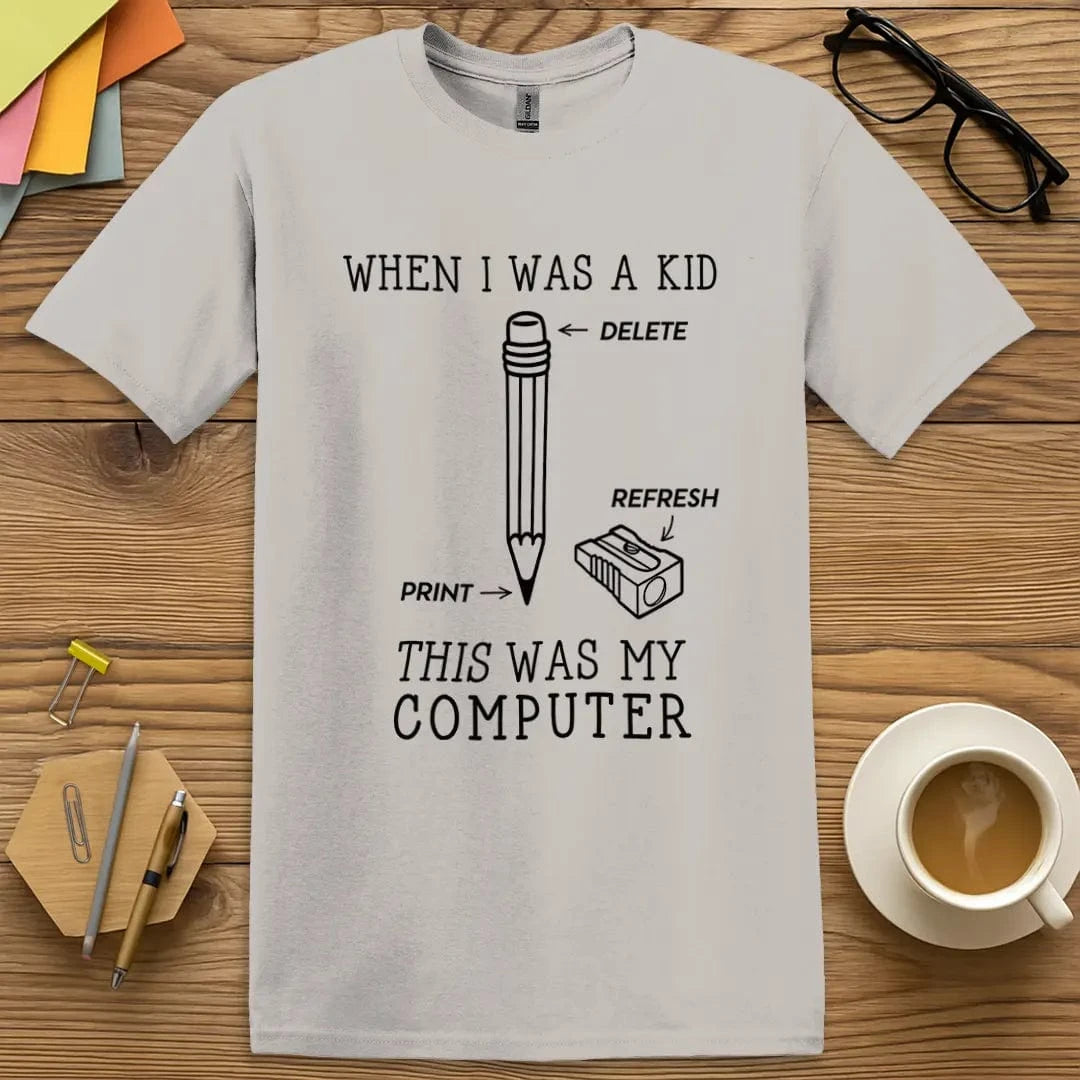 Ice Grey T-shirt with “My Computer” design featuring retro pencil-and-eraser icons and teacher nostalgia vibes