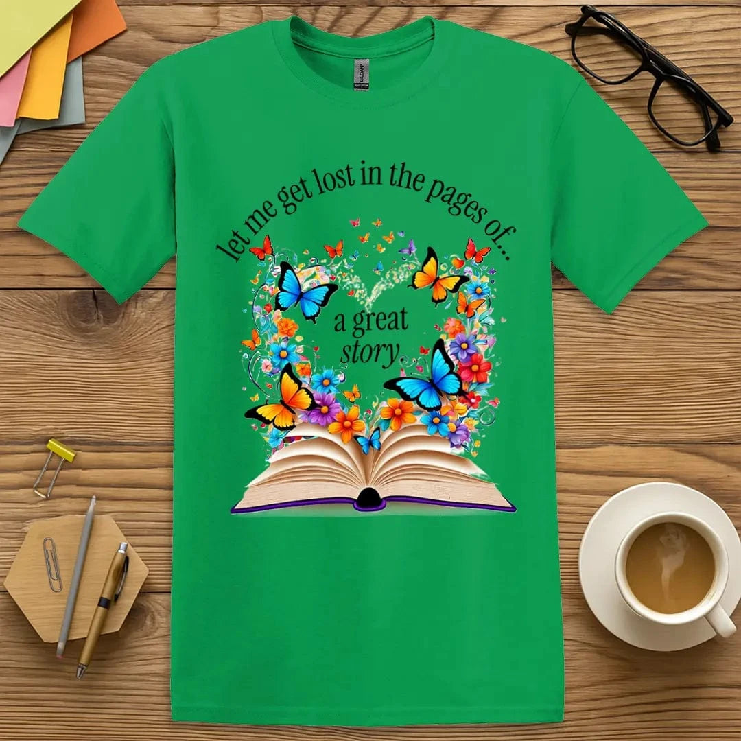 Irish Green Lost In The Pages T-Shirt – Bright green shirt with enchanting butterfly and floral book design, spreading joyful reading vibes.