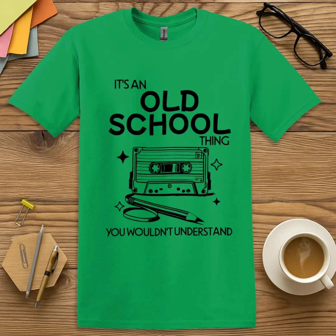 Irish Green Color T-shirt with "Old School Thing" design delivering bright throwback energy with mixtape magic