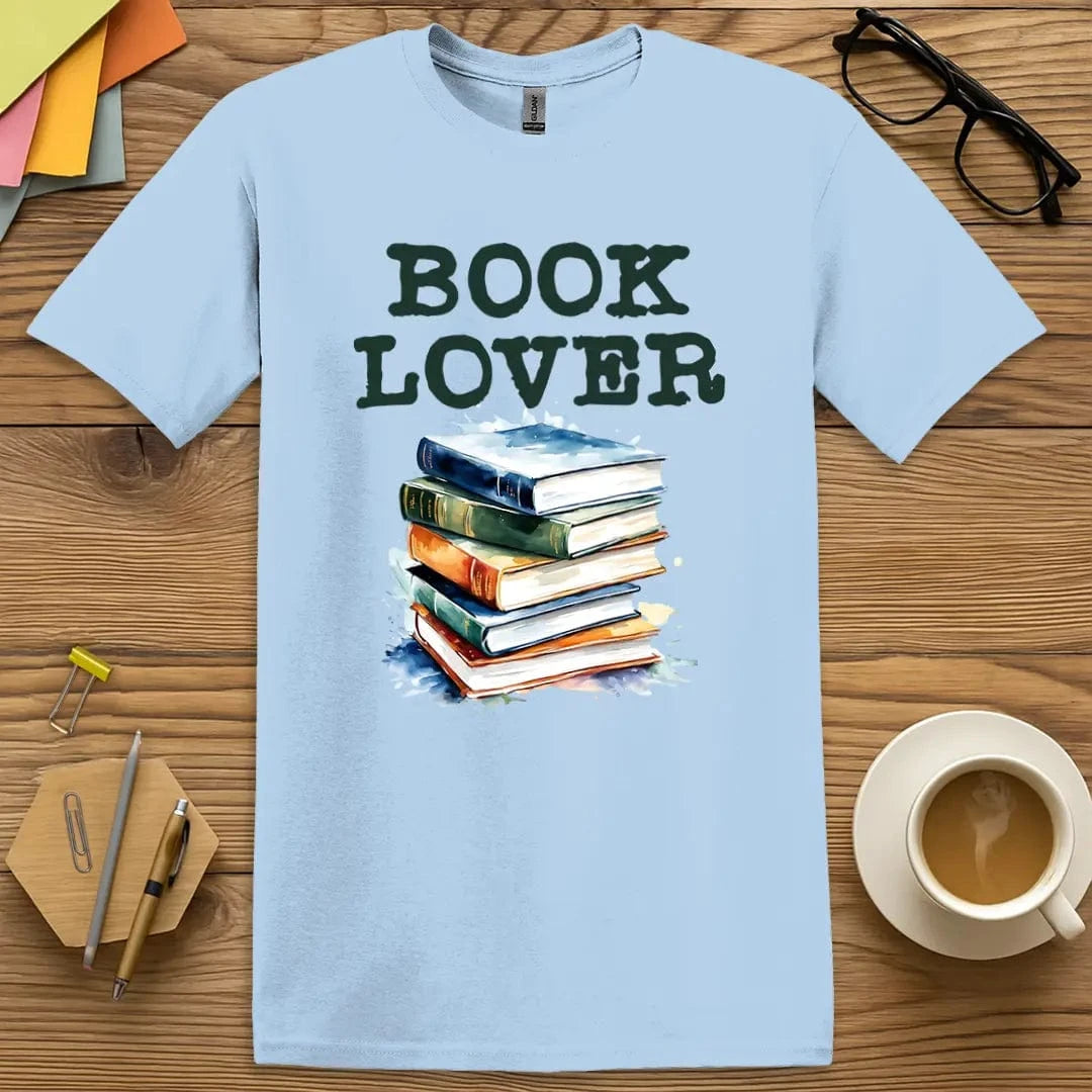Light Blue T-shirt with "Book Lover" design blending soothing tone with colorful literature-inspired art.