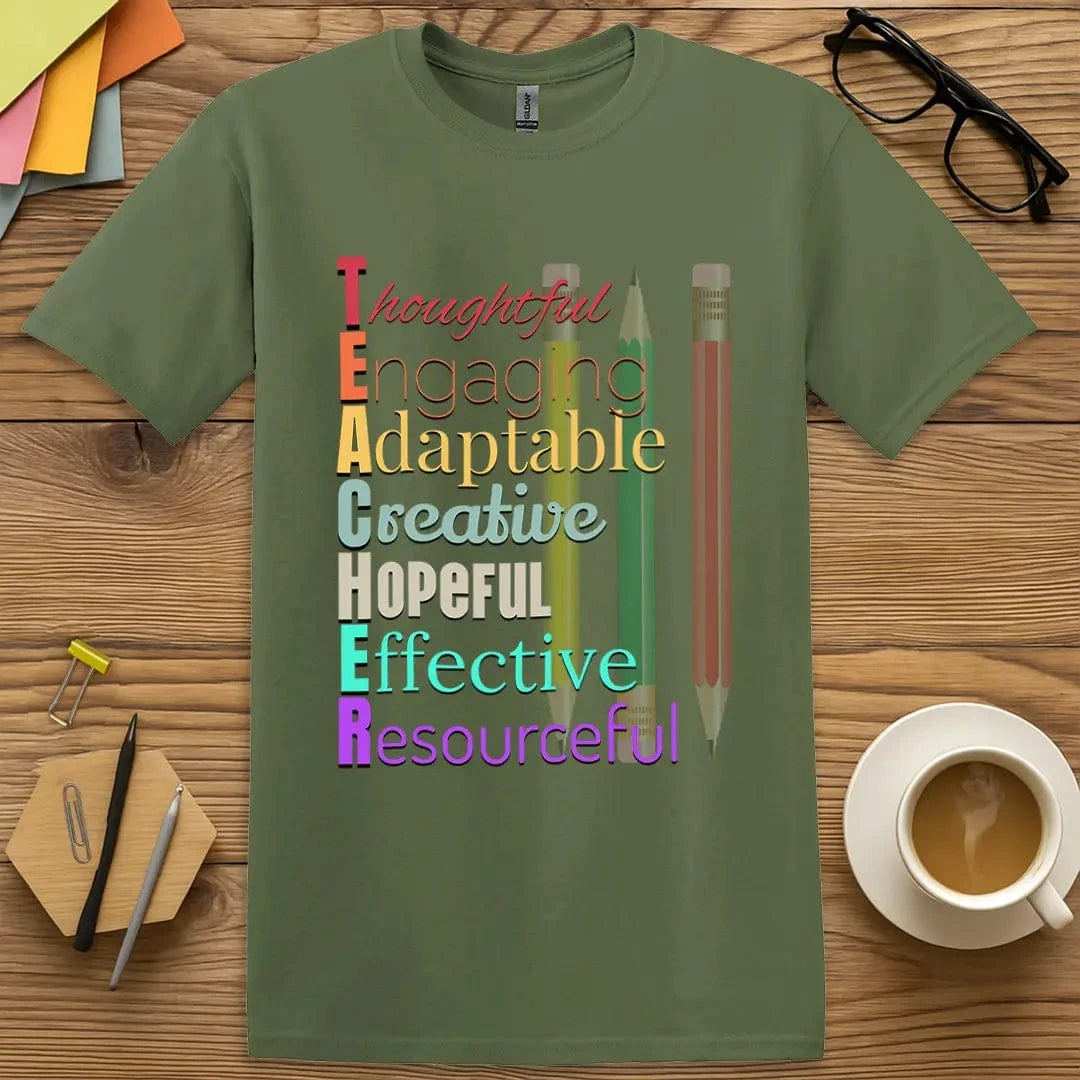 Military Green Color T-Shirt with "TEACHER" acrostic design combining earthy tone with colorful positivity and teacher pride.