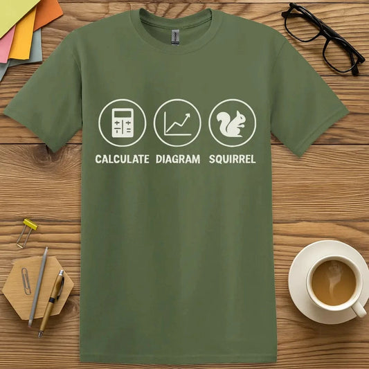 Military Green Color T-shirt with "Calculate, Diagram, SQUIRREL!" design showing classroom chaos vibe and math humor.