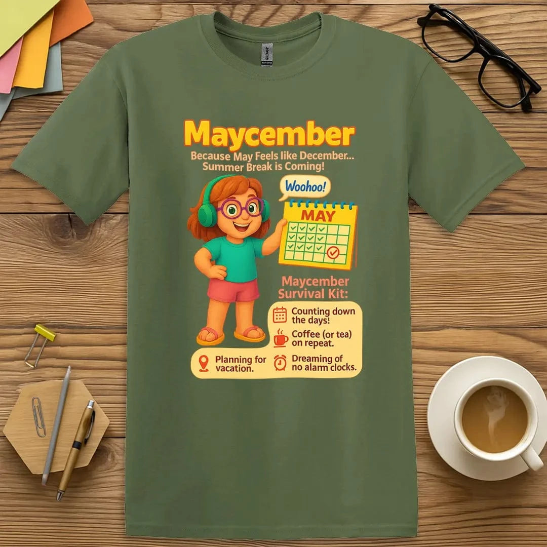 Military Green Color T-shirt with "Maycember Survival Kit" design pairing earthy tones with funny educator burnout checklist.